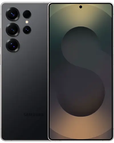 Galaxy S25 Ultra en color negro de la marca Samsumg, vista frontal y posterior