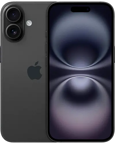 iPhone 16 en color negro de la marca apple, vista frontal y posterior
