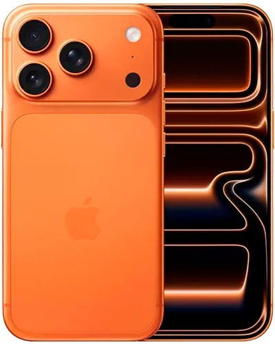 iPhone 16 en color naranja cósmico de la marca Apple, vista frontal y posterior